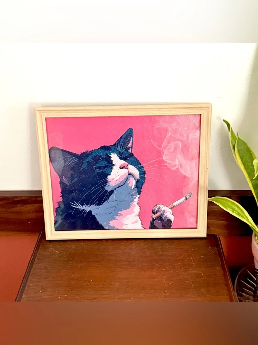 Tired Black & White Cat Smoking a Cigarette Pink Canvas Art Faux Wood Framed Art - Picture 2 of 8